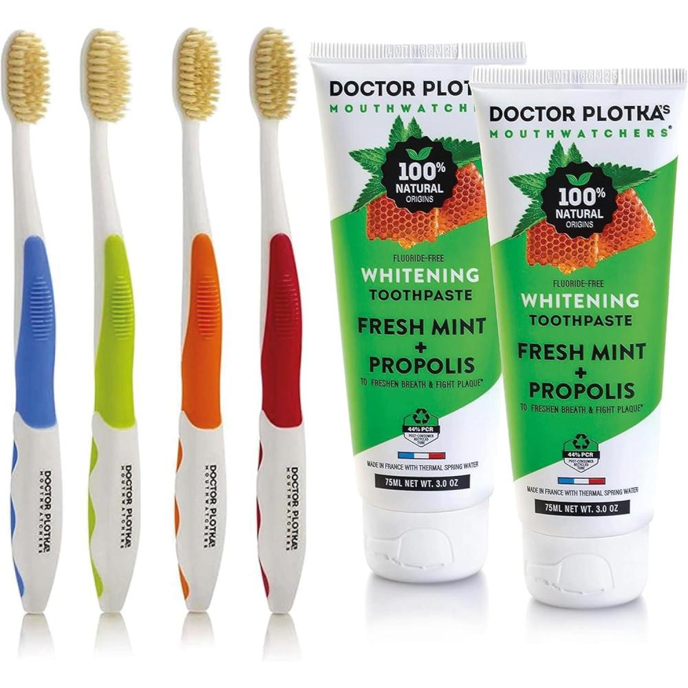 image:imageMOUTHWATCHERS 4 Adult Soft Toothbrushes amp 2 Mint Whitening Toothpaste Tubes Fluoride Free Naturally Sourced Soft Bristles Flossing Action Adult Oral Care Toothbrush and Toothpaste Bundle