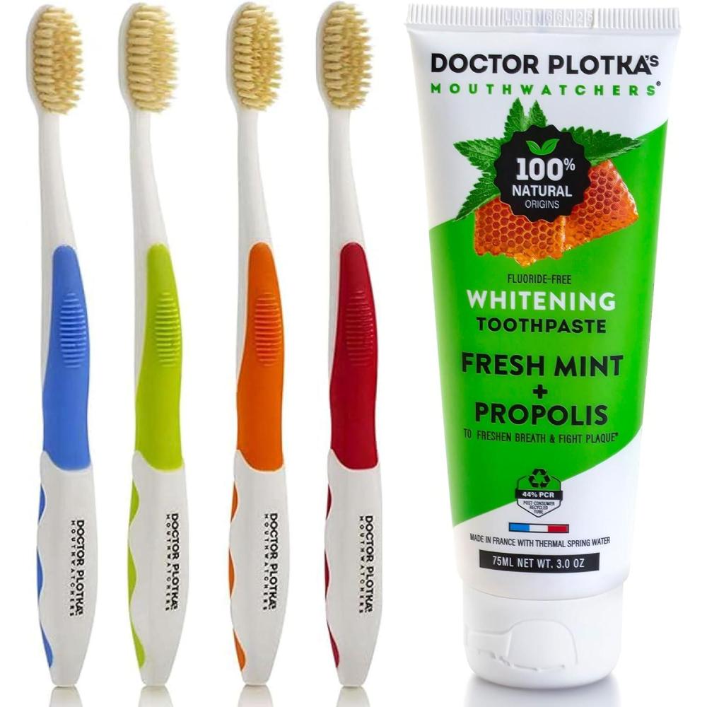 image:imageMOUTHWATCHERS Dr Plotkas Soft Flossing Toothbrushes and Whitening Toothpaste by Mouth Fluoride Free Toothpaste 4 Adult Manual Soft Toothbrushes 1 Naturally Sourced Toothpaste Tube