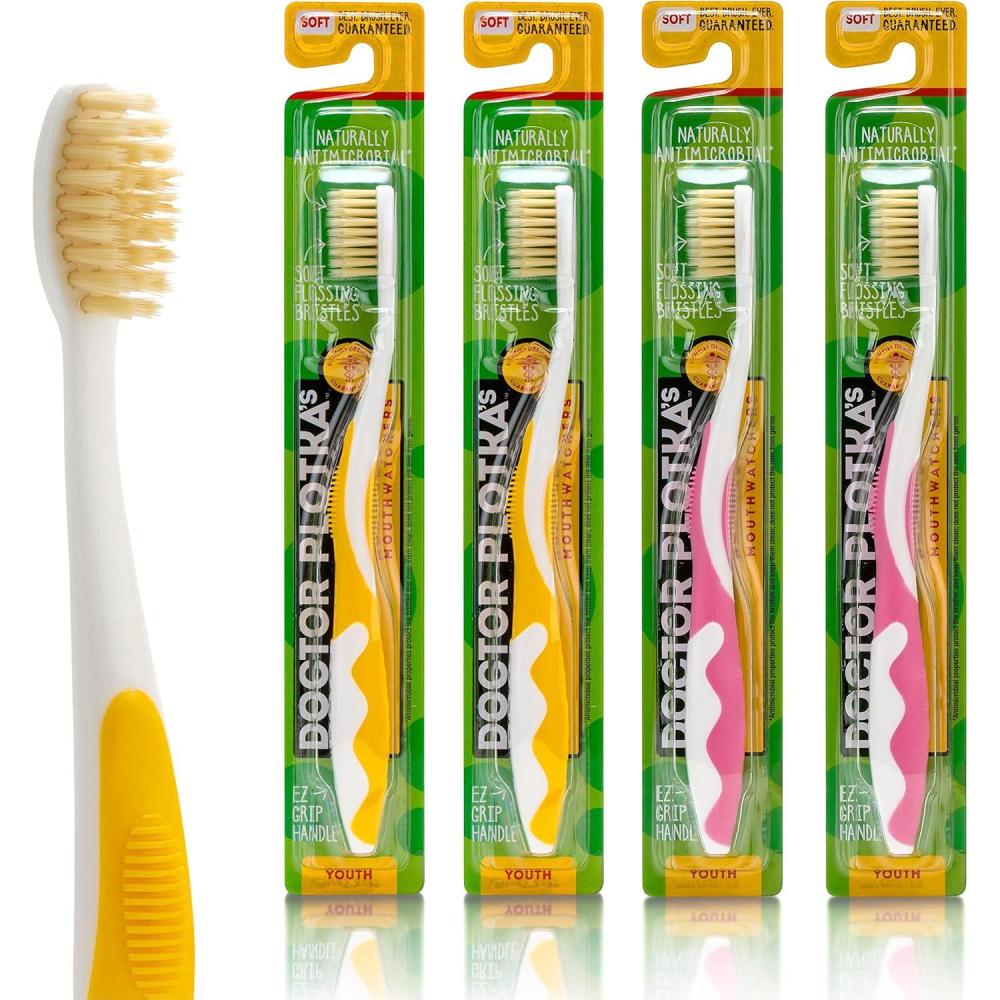 image:imageMOUTHWATCHERS Soft Childrens Flossing Manual Toothbrush Value Pack of 4 Yellow and Blue Toothbrushes for Kids amp Teens Ultra Clean by Dr PlotkasPinkYellow