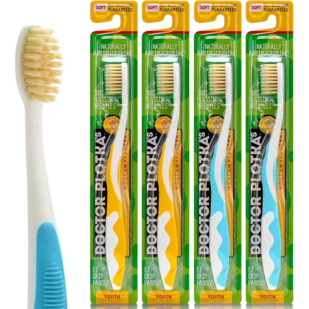 image:imageMOUTHWATCHERS Soft Childrens Flossing Manual Toothbrush Value Pack of 4 Yellow and Blue Toothbrushes for Kids amp Teens Ultra Clean by Dr PlotkasYellowBlue