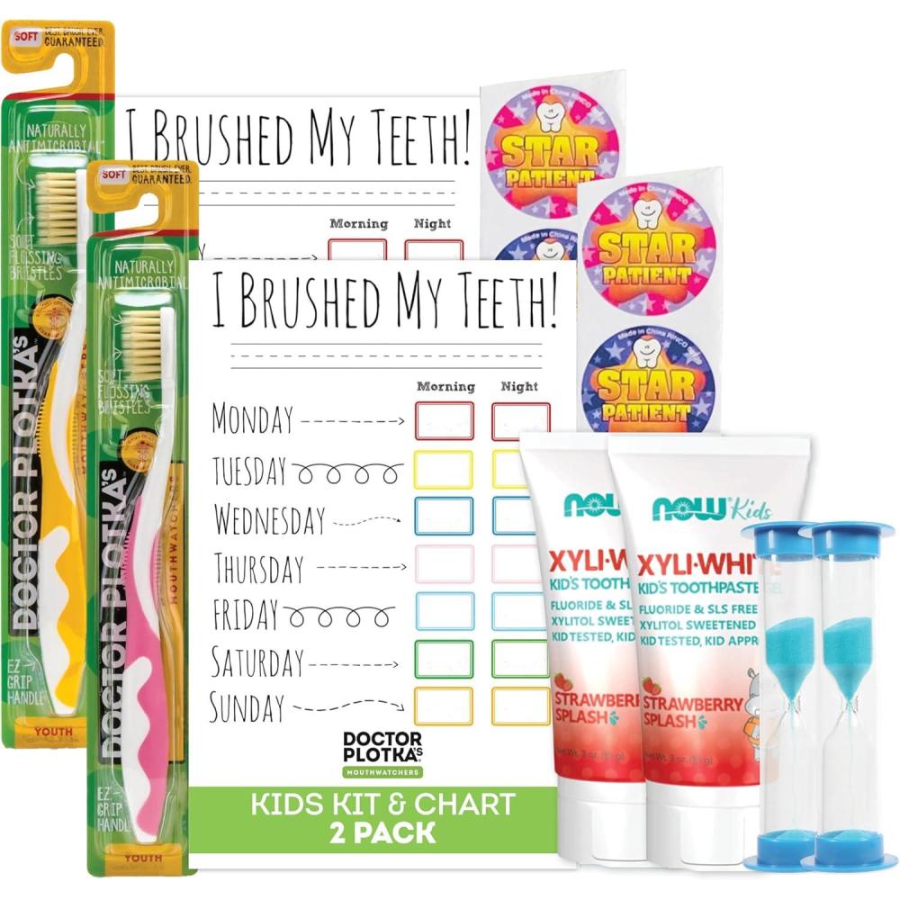 image:imageMOUTHWATCHERS Soft Kids Toothbrush 2 Manual Flossing Toothbrushes and 2 Strawberry Organic SLS Free Fluoride Free Toothpastes 3 oz Gift Set by Dr Plotkas2 Count Pack of 1