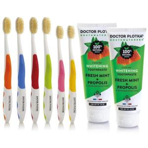 MOUTHWATCHERS Dr Plotkas Soft Flossing Toothbrushes and Whitening Toothpaste Bundle, Fluoride Free Toothpaste, 4 Adult and 2 Kids Manual Soft Toothbrushes, 2 Naturally Sourced Toothpaste Tubes