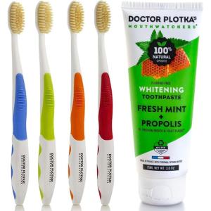 MOUTHWATCHERS Dr Plotkas Soft Flossing Toothbrushes and Whitening Toothpaste by Mouth, Fluoride Free Toothpaste, 4 Adult Manual Soft Toothbrushes, 1 Naturally Sourced Toothpaste Tube