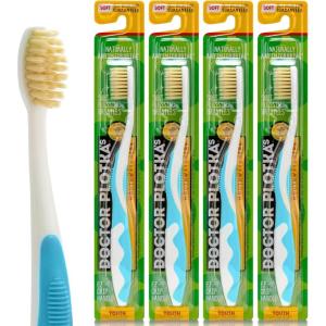 MOUTHWATCHERS Soft Childrens Flossing Manual Toothbrush, Value Pack of 4, Yellow and Blue, Toothbrushes for Kids & Teens, Ultra Clean, by Dr. Plotka’s(Blue)