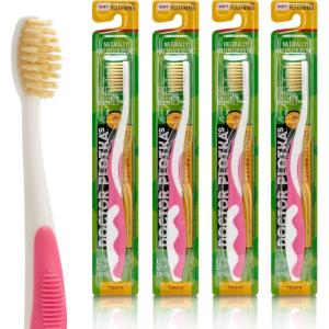 MOUTHWATCHERS Soft Childrens Flossing Manual Toothbrush, Value Pack of 4, Yellow and Blue, Toothbrushes for Kids & Teens, Ultra Clean, by Dr. Plotka’s(Pink)