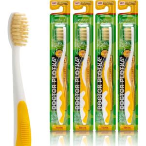 MOUTHWATCHERS Soft Childrens Flossing Manual Toothbrush, Value Pack of 4, Yellow and Blue, Toothbrushes for Kids & Teens, Ultra Clean, by Dr. Plotka’s(Yellow)