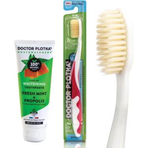 MOUTHWATCHERS Soft Flossing Manual Toothbrush for Adults, 1 Red, and 1 Whitening Toothpaste, Organic, SLS Free, Fluoride Free, Naturally Sourced, 3 oz, by Dr. Plotka’s