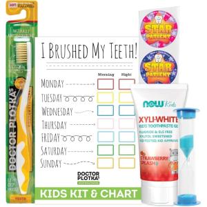 MOUTHWATCHERS Soft Kids Toothbrush, 2 Manual Flossing Toothbrushes and 2 Strawberry, Organic, SLS Free, Fluoride Free Toothpastes, 3 oz, Gift Set, by Dr. Plotka’s(1 Count (Pack of 1))